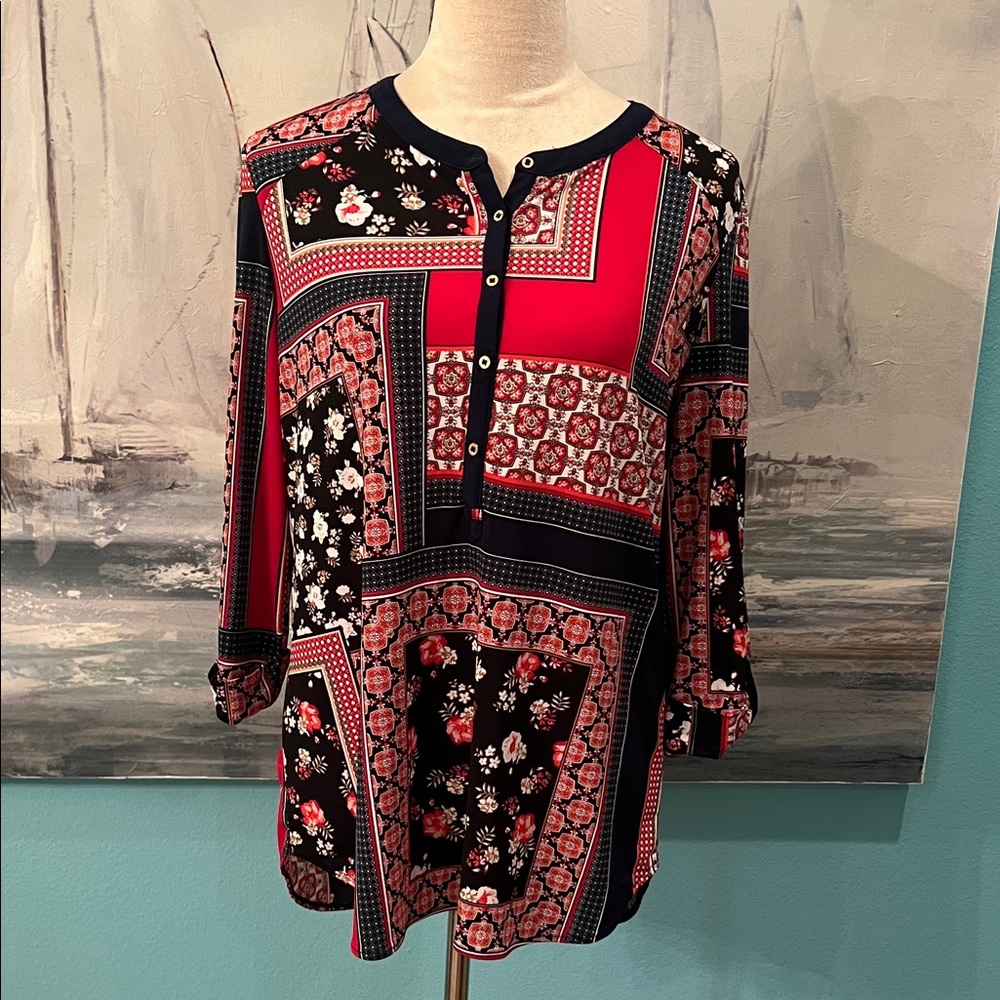 Nygard Floral Patchwork Print Navy & Red Tunic, Petite Medium
